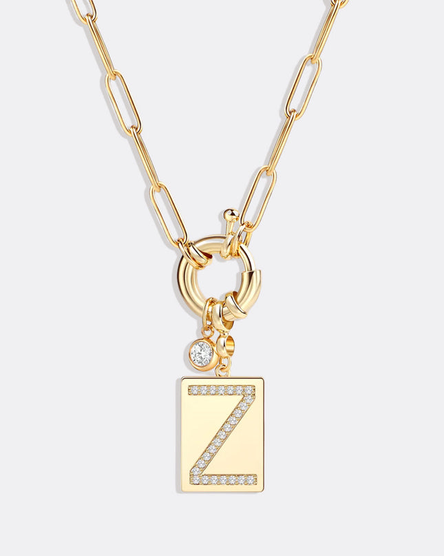 Pave Initial Pendant Necklace with Paperclip Chain