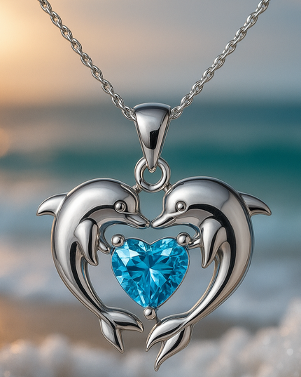 Elegant Timeless Silver Double-Dolphin Opal Necklace