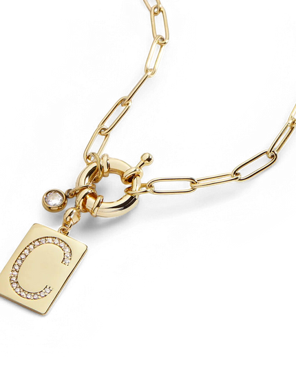Pave Initial Pendant Necklace with Paperclip Chain