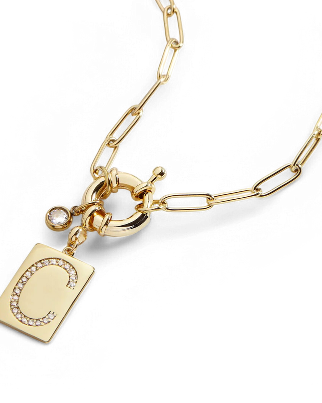 Pave Initial Pendant Necklace with Paperclip Chain